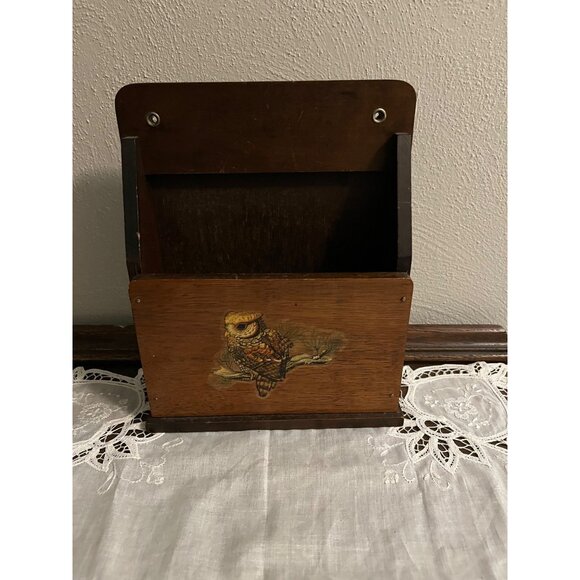 Vintage Wooden Wall Box Napkin Holder with Owl - Picture 1 of 4